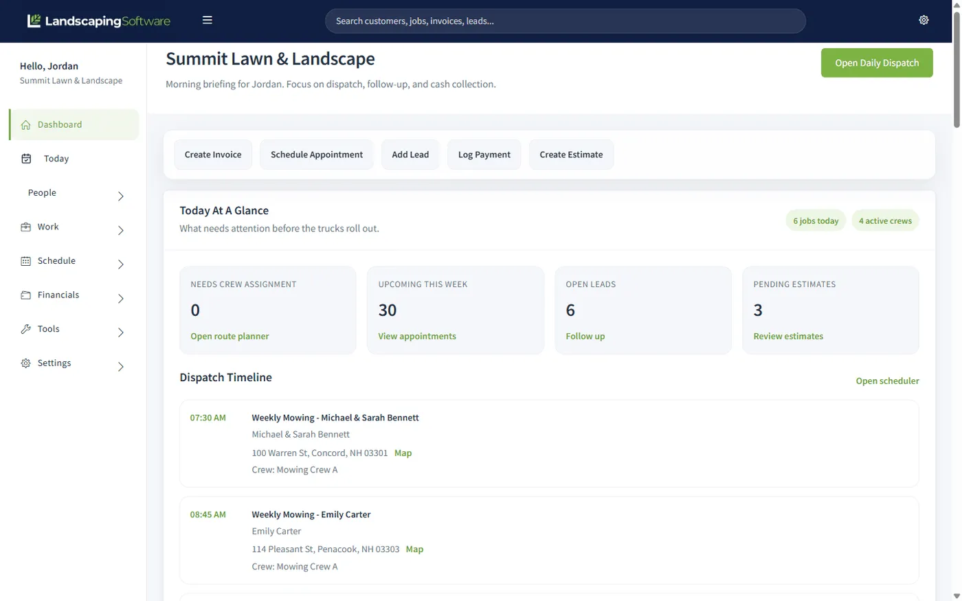 Landscaping Software operator dashboard showing today's schedule, crew dispatch timeline, and revenue KPIs