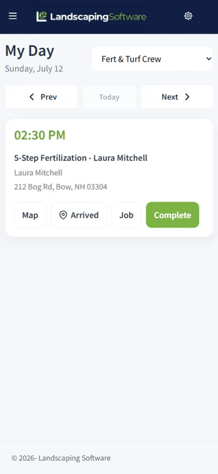 Crew mobile app showing the day's stops with map, arrival, and complete actions