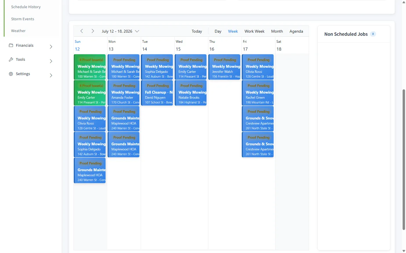 Weekly crew schedule showing routed mowing and maintenance visits across a full week