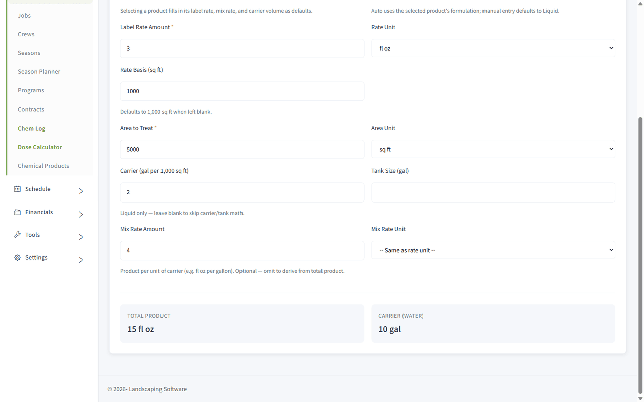 Chemical dose calculator converting a product label rate into product, carrier, and tank totals