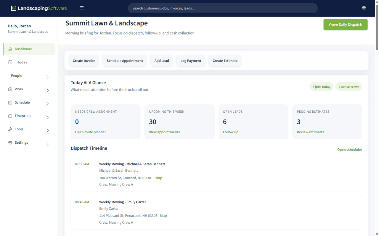 Landscaping Software dashboard showing today’s dispatch, leads and estimates, and cash-collection cards