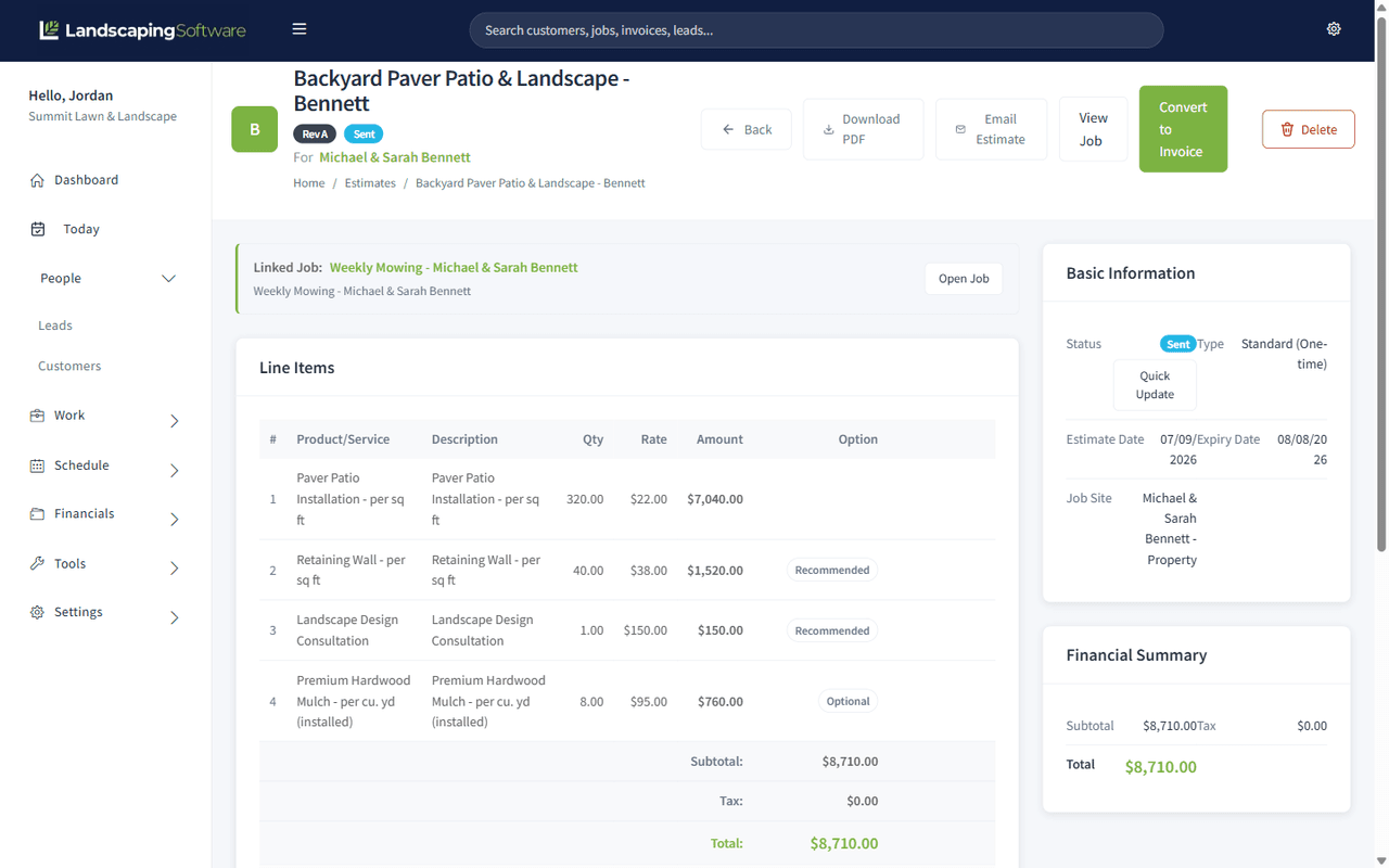 Estimate detail page with line items, optional add-ons, and pricing totals