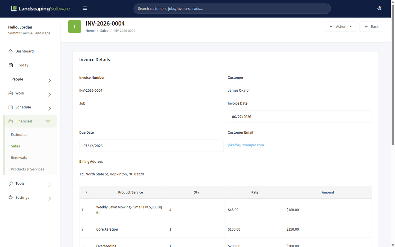 Invoice Summary page showing line items, totals, and email and print actions