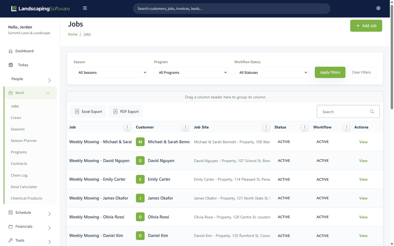 Jobs board listing work orders with customer, status, and job details