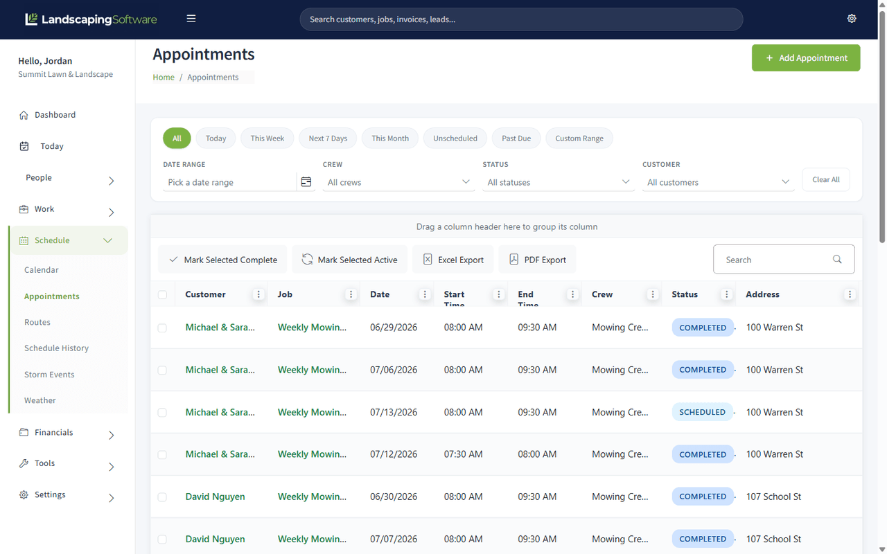 Daily Dispatch calendar with crew appointments and the Non Scheduled Jobs sidebar